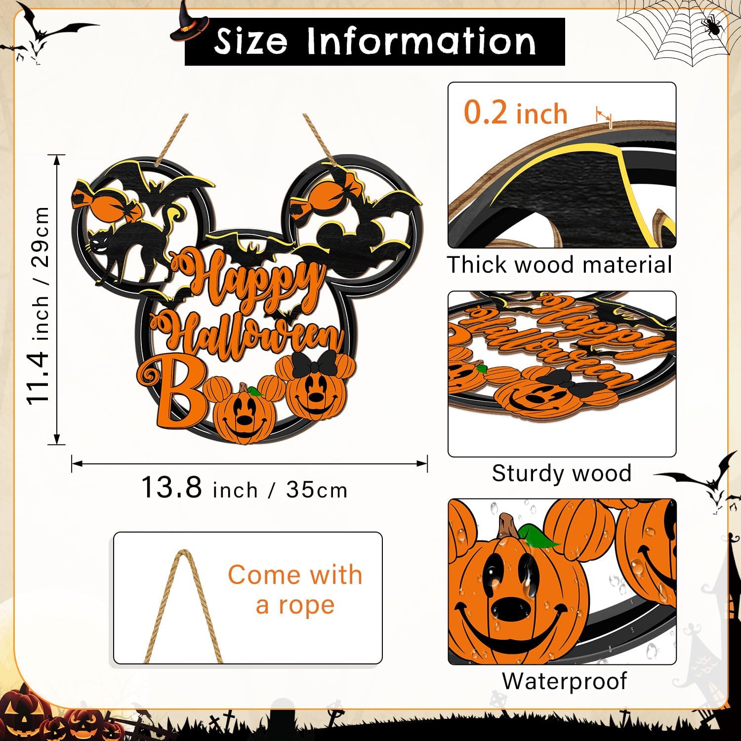 Halloween Mouse Door Sign Decor Spooky Wooden Sign with Black Cat and Bat Design