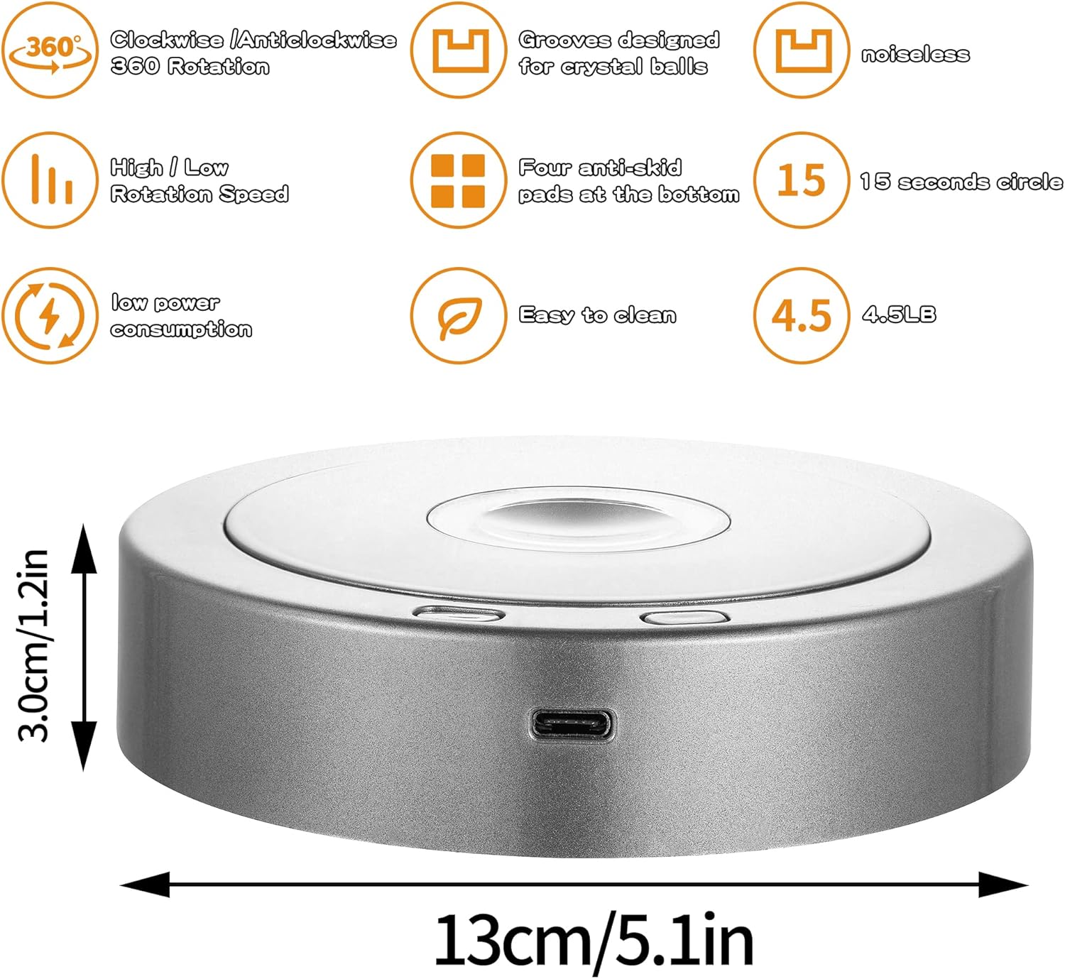 Rotating Display Stand with Colorful LED Lights - 4 Modes 8 Light Options - Electric Battery Operated - Silver