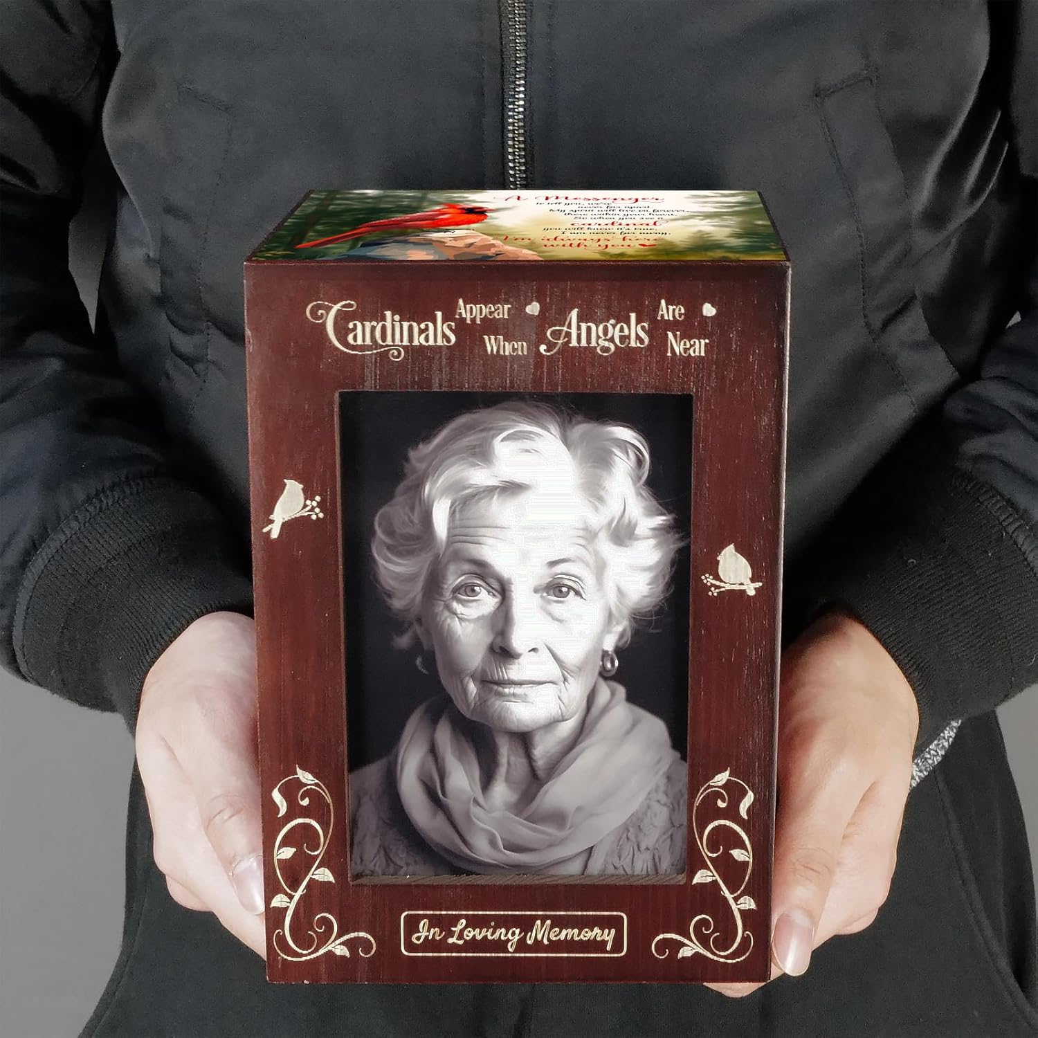 Wooden Cremation Urn with Photo Frame for Adult Ashes Cardinal Design