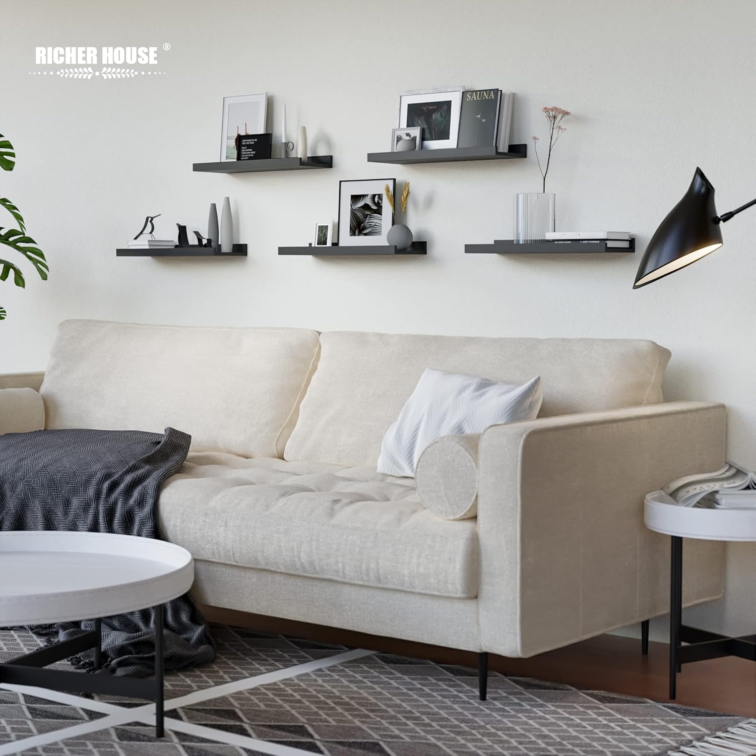 RICHER HOUSE 5 Piece Floating Wall Shelves Black