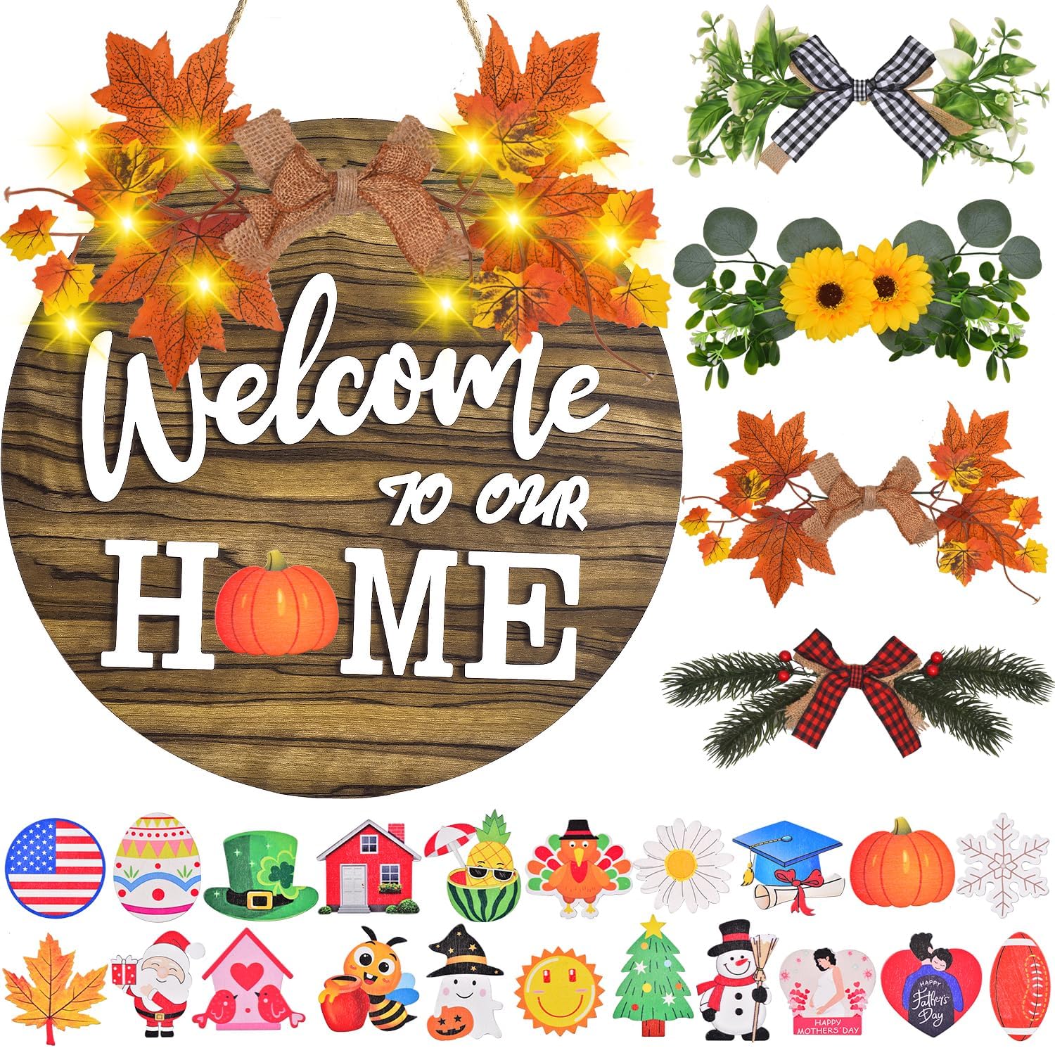 Interchangeable Welcome Home Sign with Seasonal Wreaths and 21 Icons