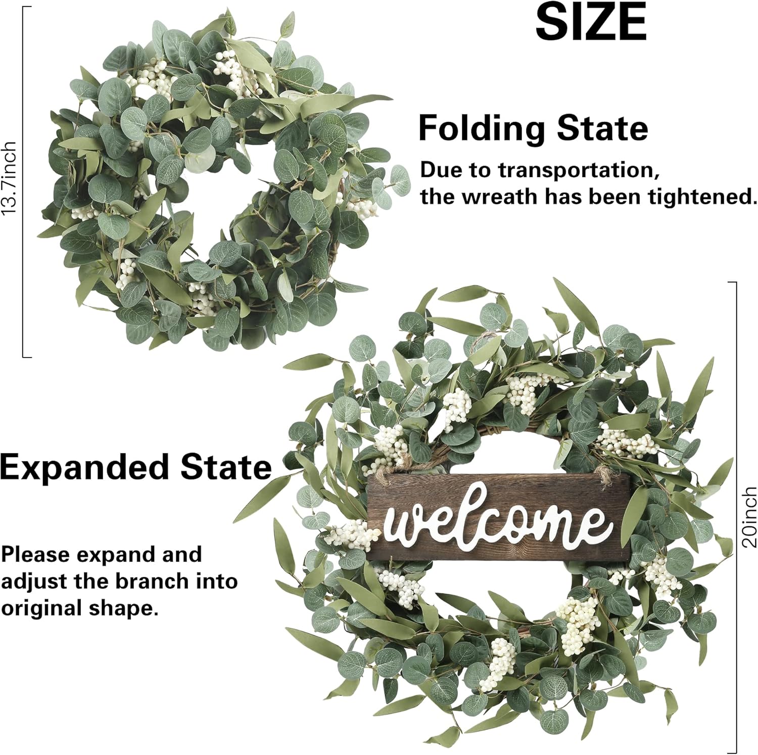 Sggvecsy Green Eucalyptus Wreath with Welcome Sign 20in Decor