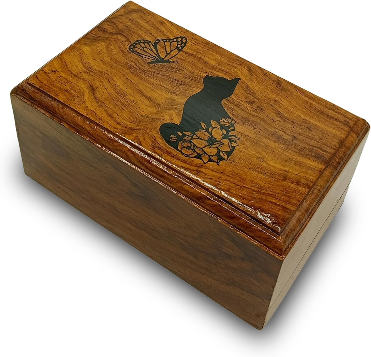 Rosewood Pet Urn with Black Cat in Heaven Design