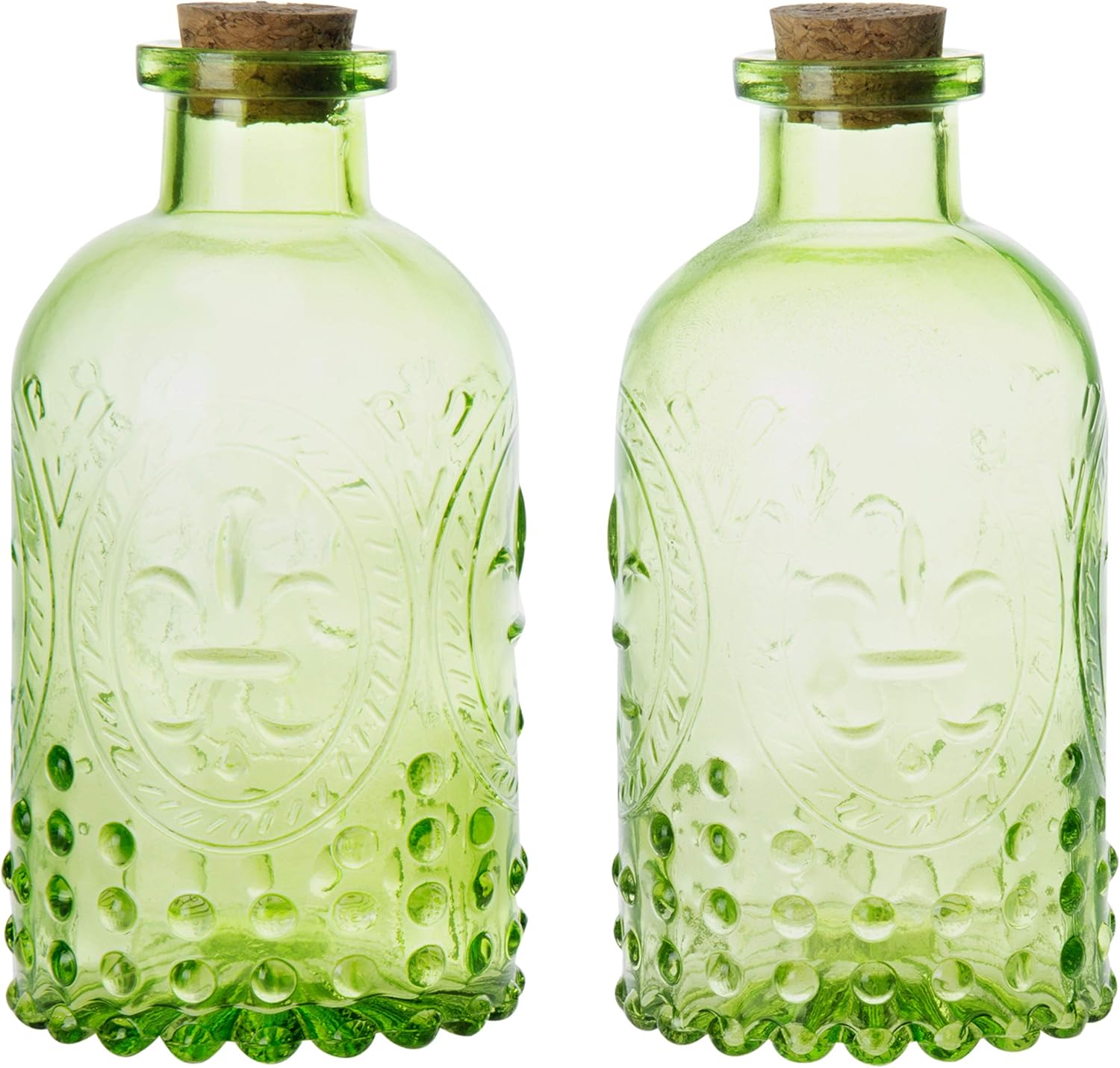 MyGift Vintage Embossed Green Glass Diffuser Bottle Set of 2