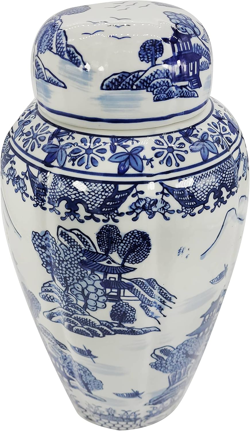 Galt International 16 Inch Blue and White Ceramic Ginger Jar