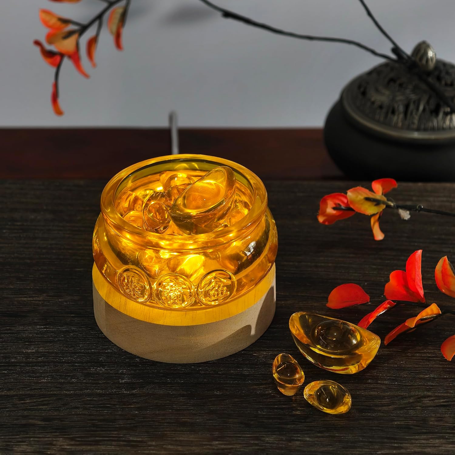 Golden Treasure Crystal Glass Bowl with LED Base and 321 Ingot Decor