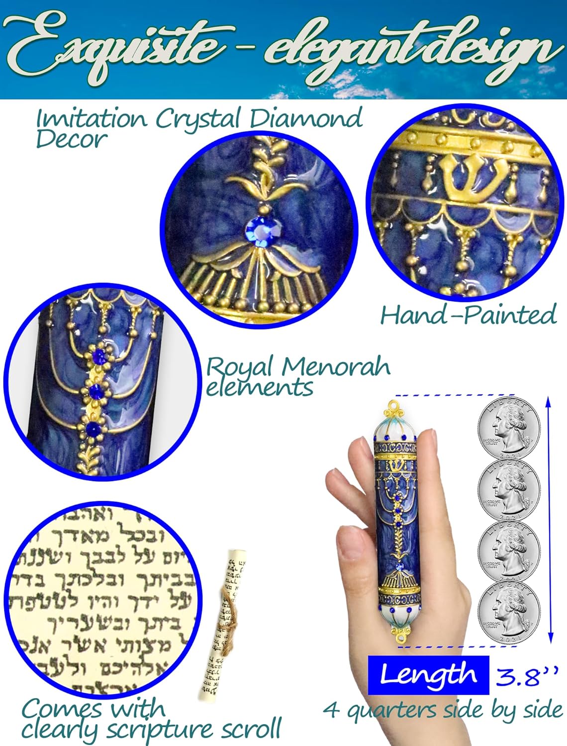 Exquisite Enamel Mezuzah with Scroll and Crystal Accents