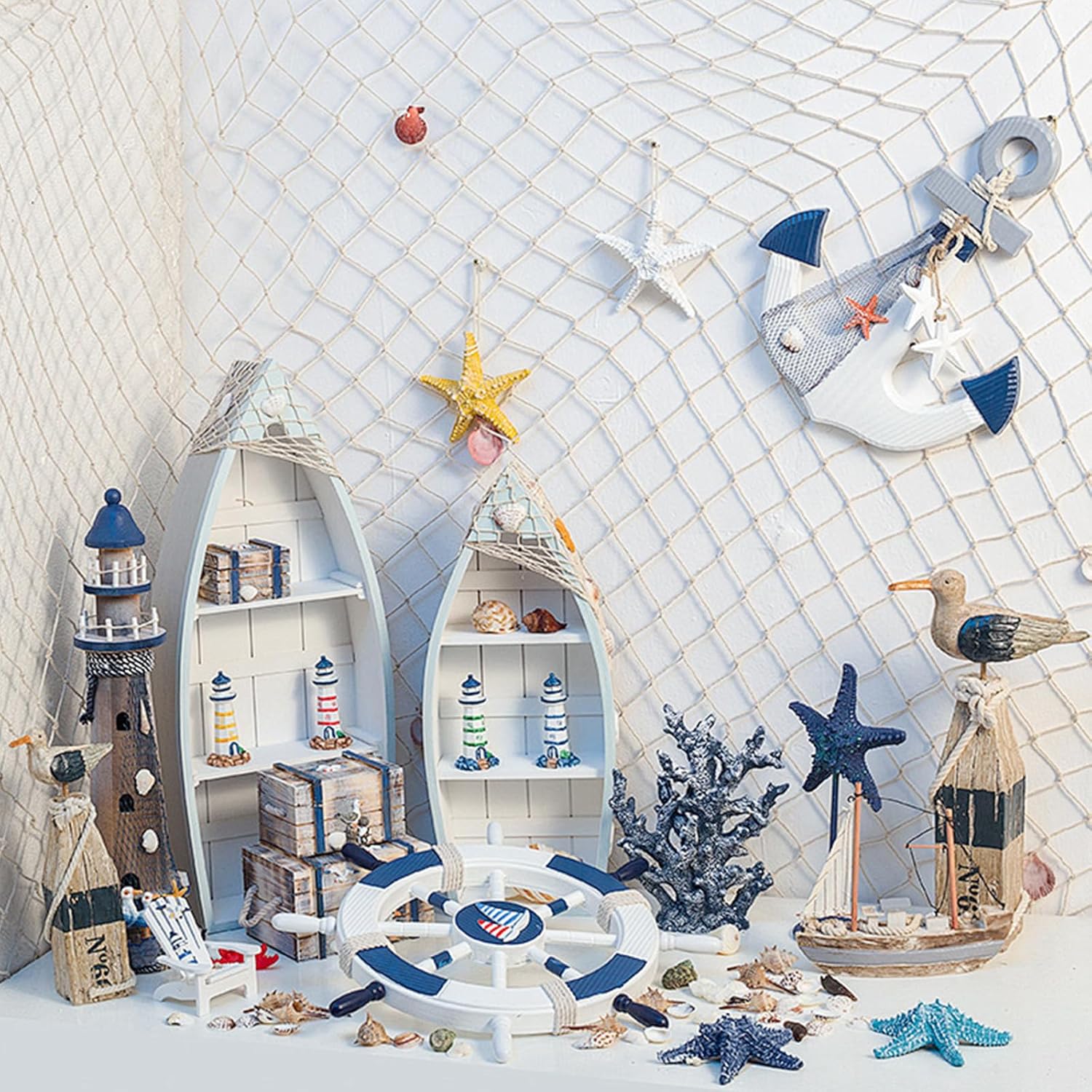 2PCS Fish Net Decorations Ocean Themed Wall Hanging