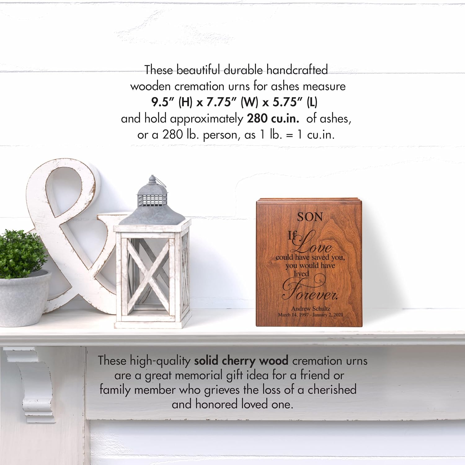 Personalized Cherry Wood Urn for Adult Male Cremation