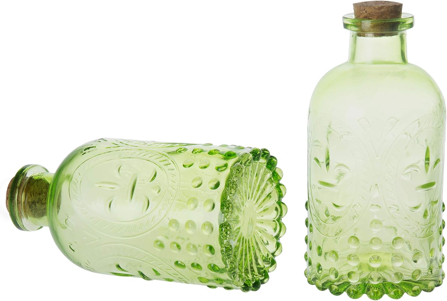 MyGift Vintage Embossed Green Glass Diffuser Bottle Set of 2