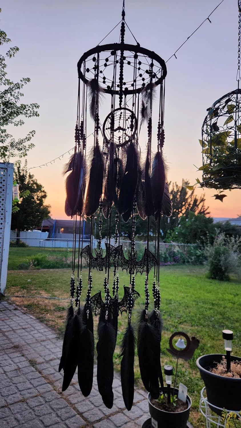 Gothic Black Dreamcatcher Mobile with Crystals and Bats