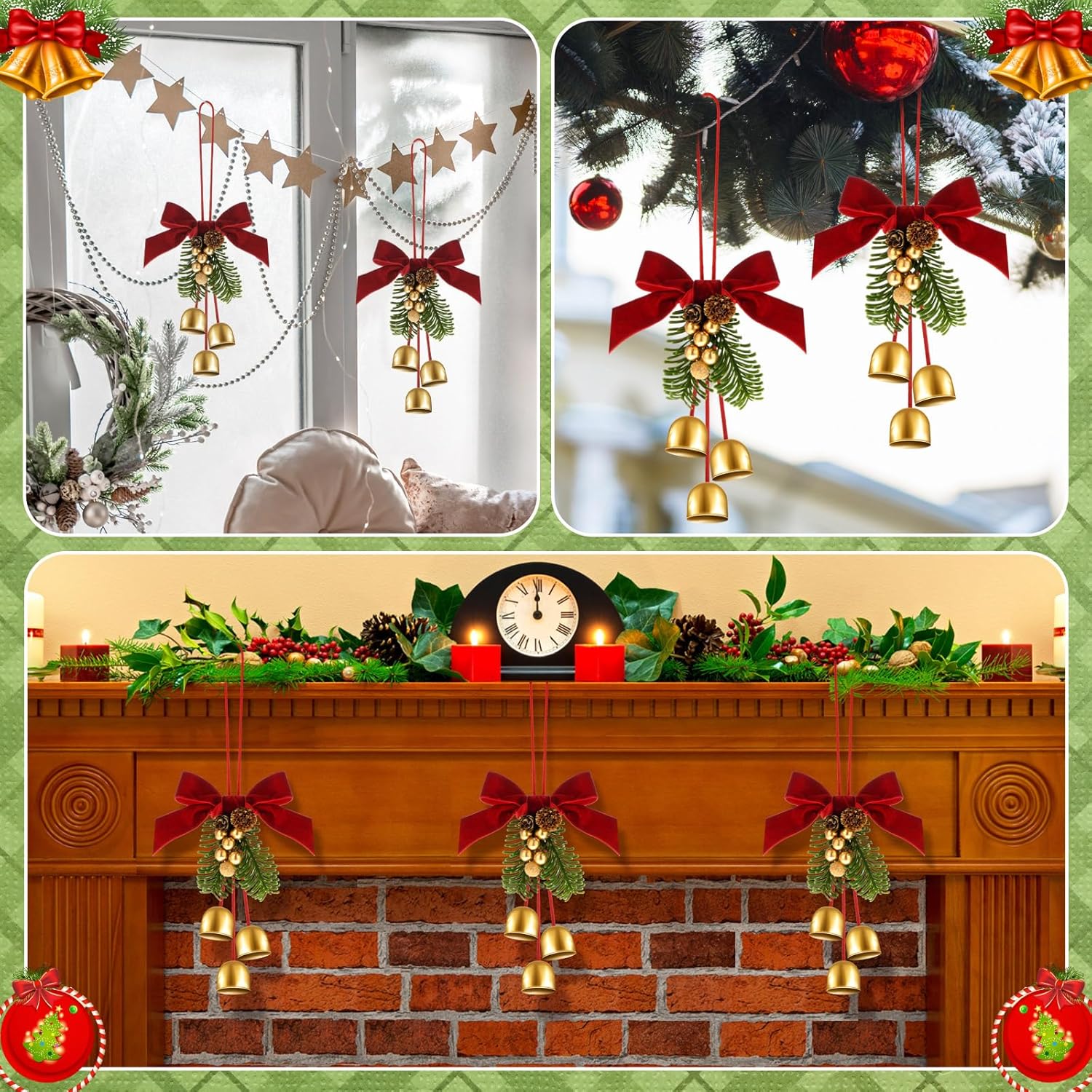 2 Pcs Christmas Wreath Bows with Jingle Bells and Pinecone Tree Topper Decor