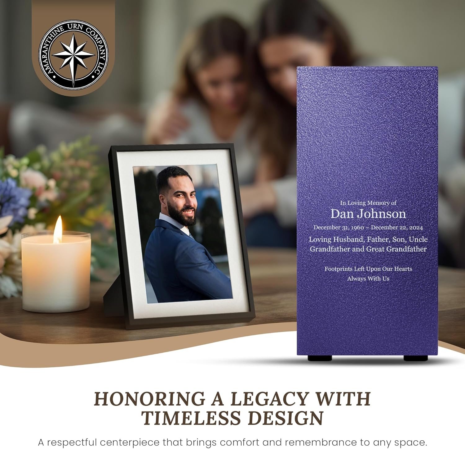 Amaranthine Urn Decorative Cremation Urn for Human Ashes - Customizable Metal Urn with Base Text and Color Made in USA