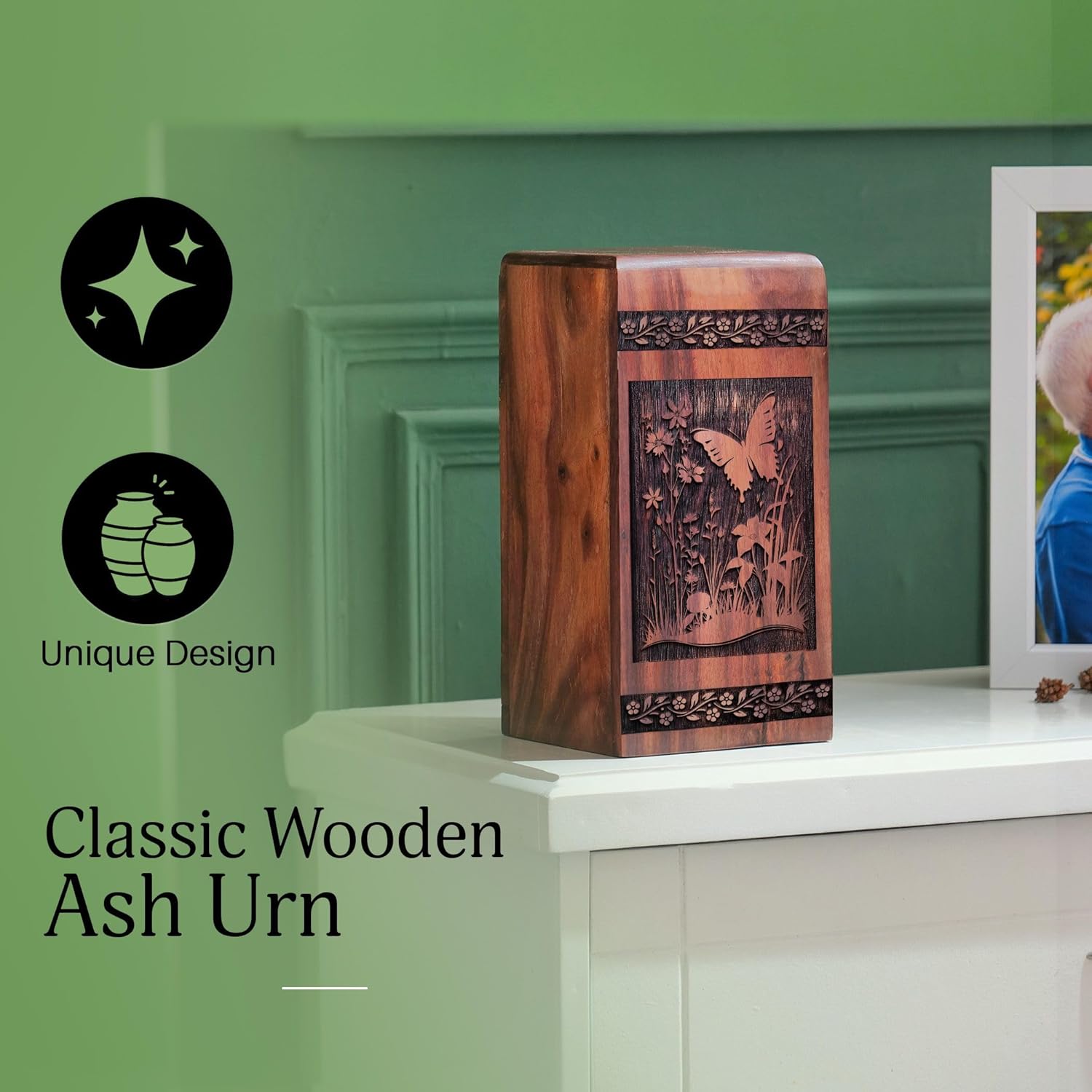 Butterfly Wooden Urn for Adult Ashes - 10 Inch