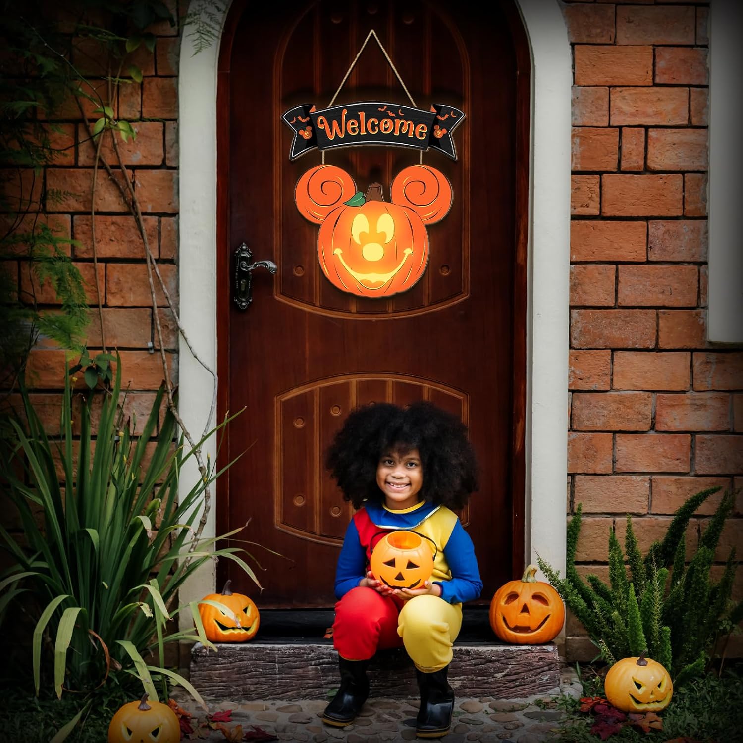 Halloween Mouse Pumpkin Lantern Door Sign with Light