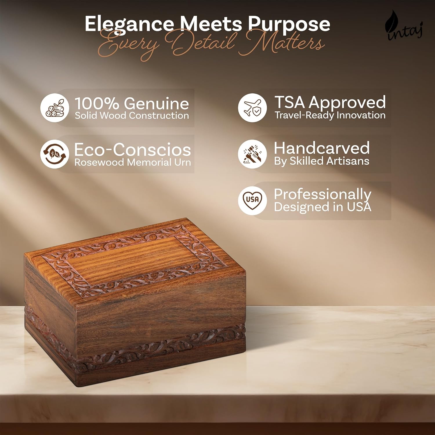 INTAJ Handcarved Rosewood Small Urn for Human Ashes