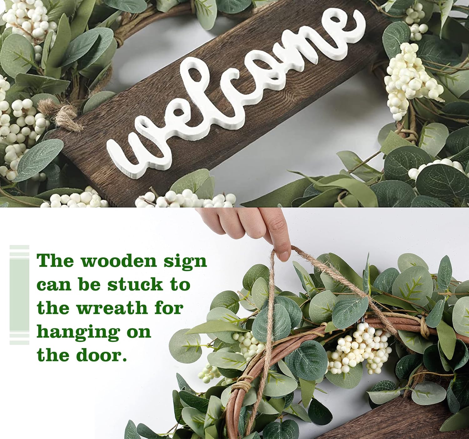 Sggvecsy Green Eucalyptus Wreath with Welcome Sign 20in Decor