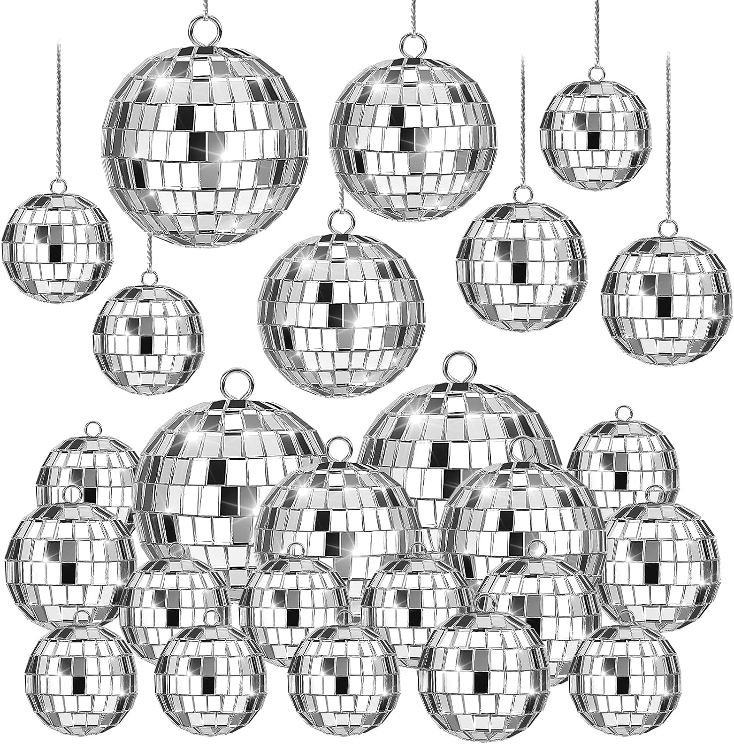 20 Pack Silver Mini Hanging Mirror Balls for 70s Birthday Party Decor