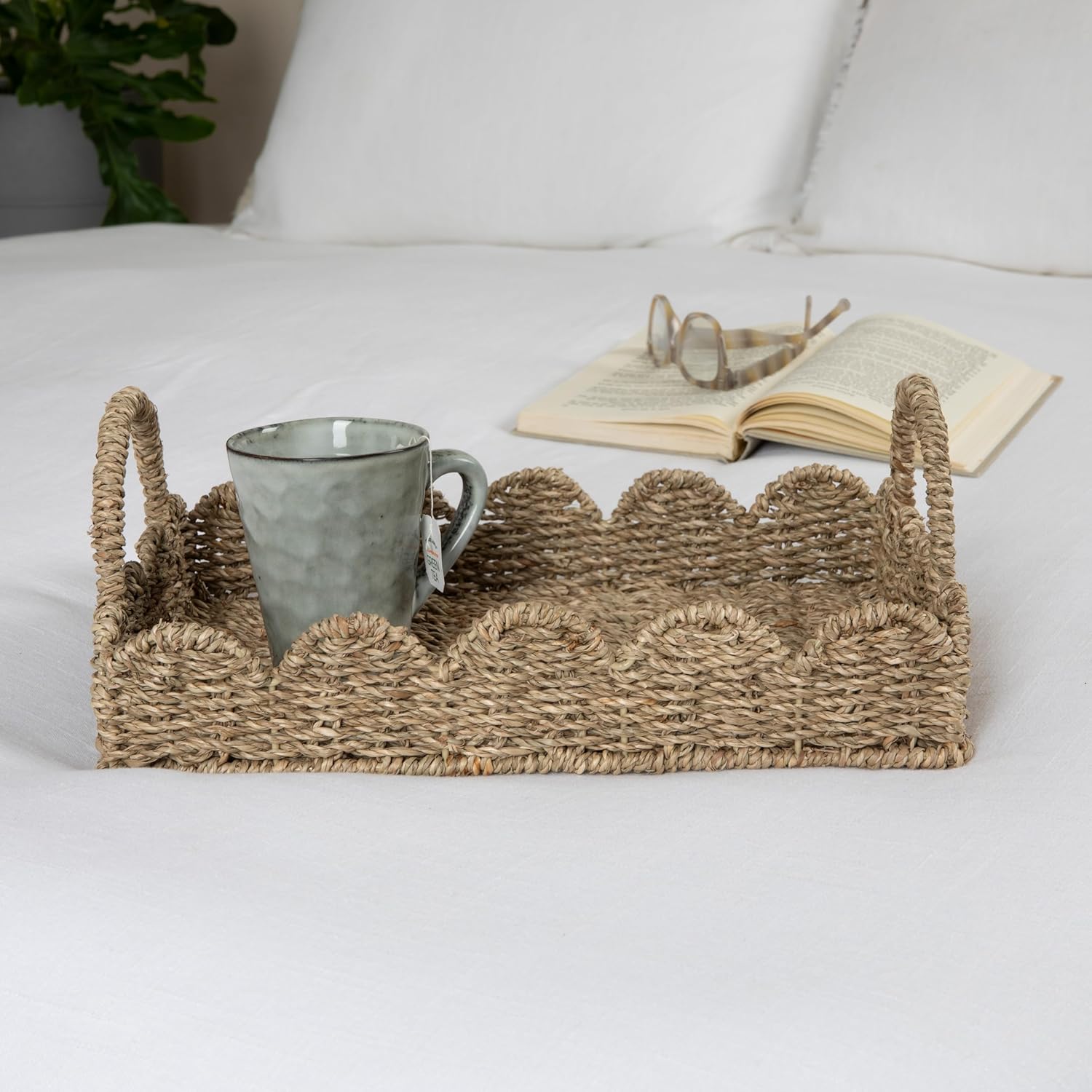 Household Essentials Handwoven Tray with Handles and Scalloped Edge