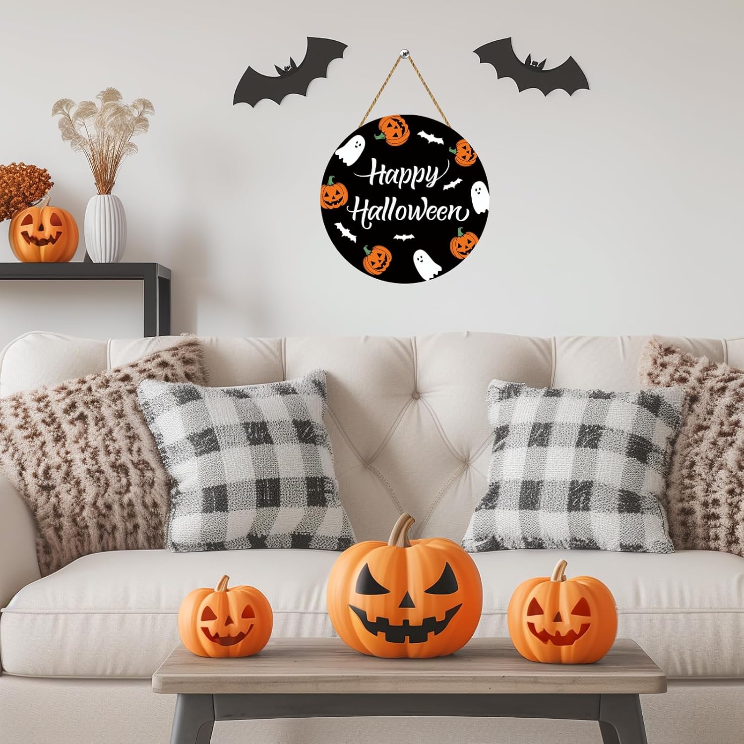 Cute Halloween Wreath with Ghosts Pumpkins Bats Hanging Sign