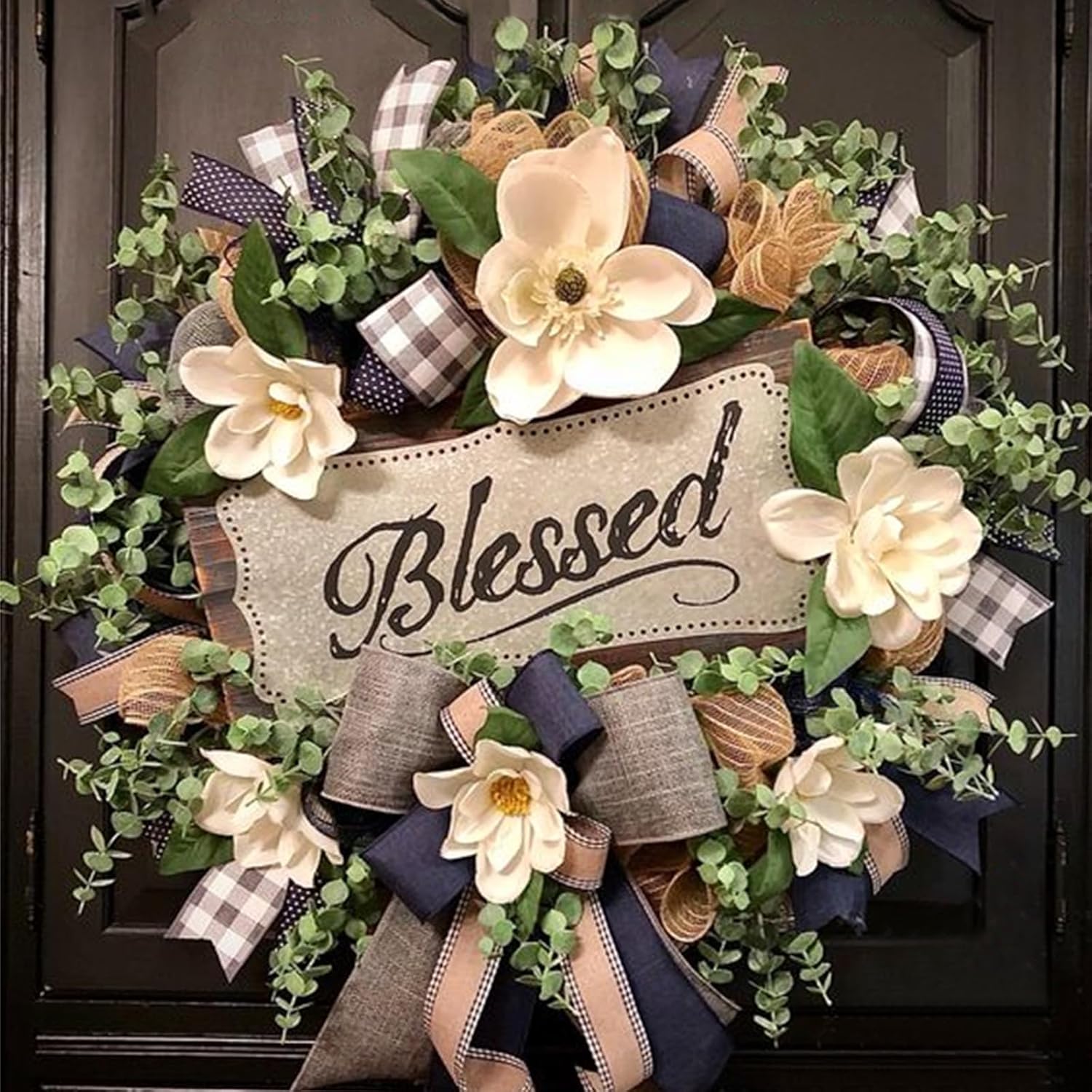 White Magnolia Wreath for Front Door Farmhouse Decor