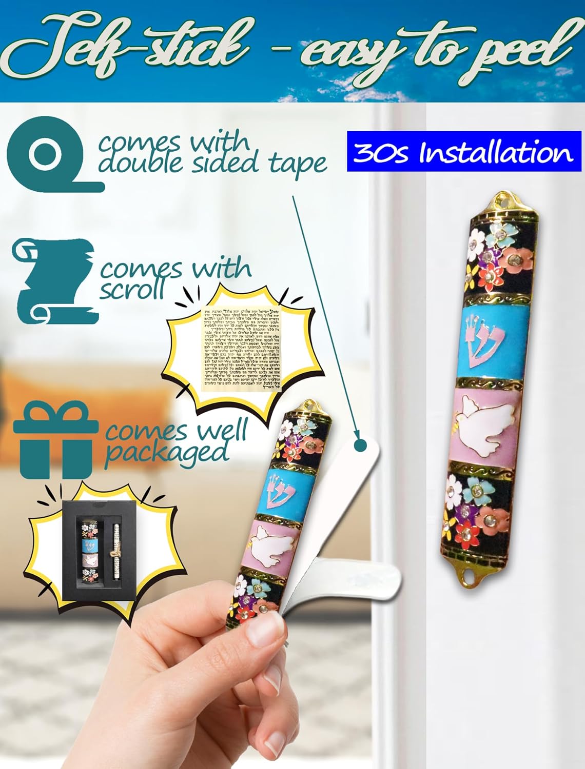 Exquisite Enamel Mezuzah with Scroll and Dove Design