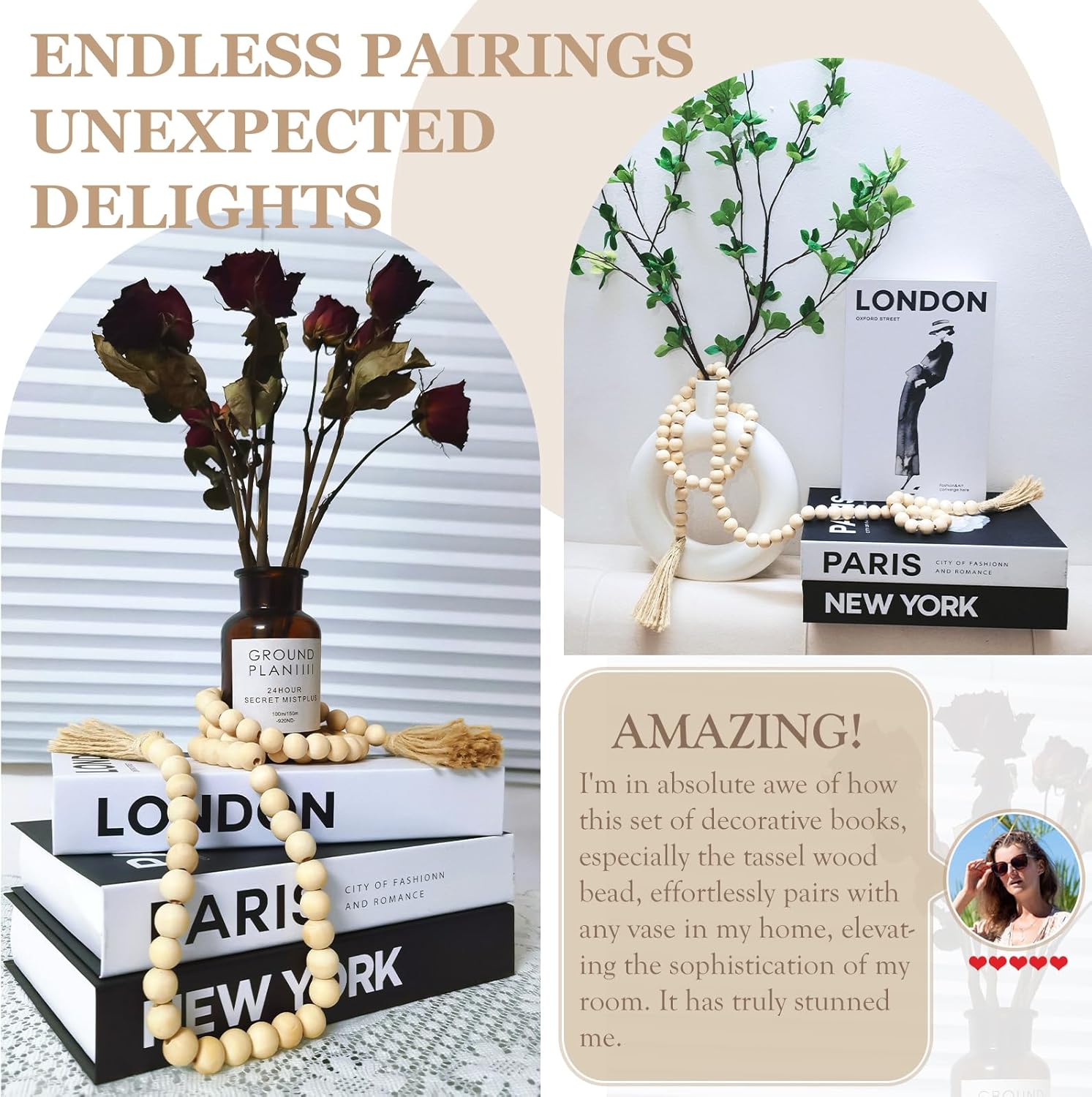 Gocelufe Decorative Book Set with Wood Bead Tassels