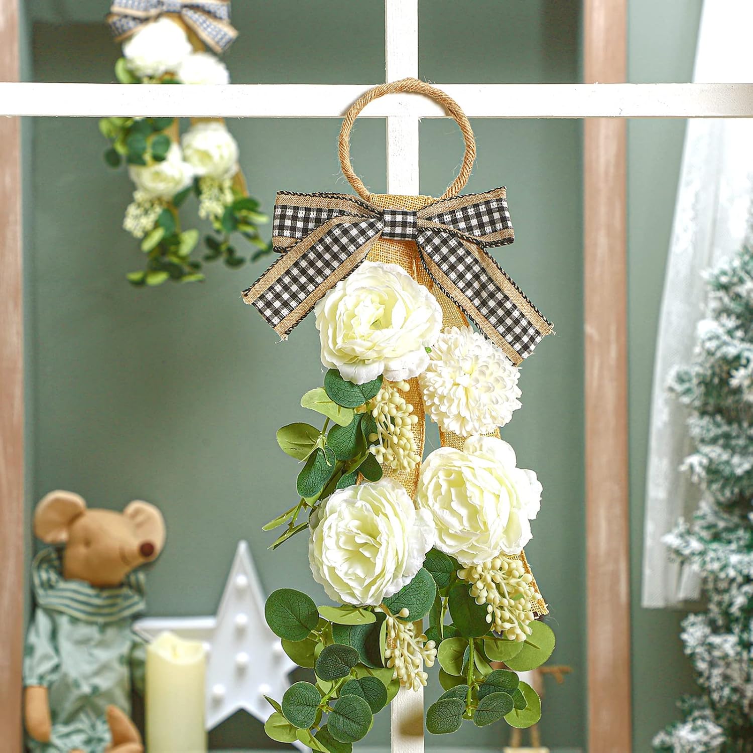 2 Pcs Farmhouse Green Eucalyptus Wreath Artificial Swag for Front Door Accent Decor