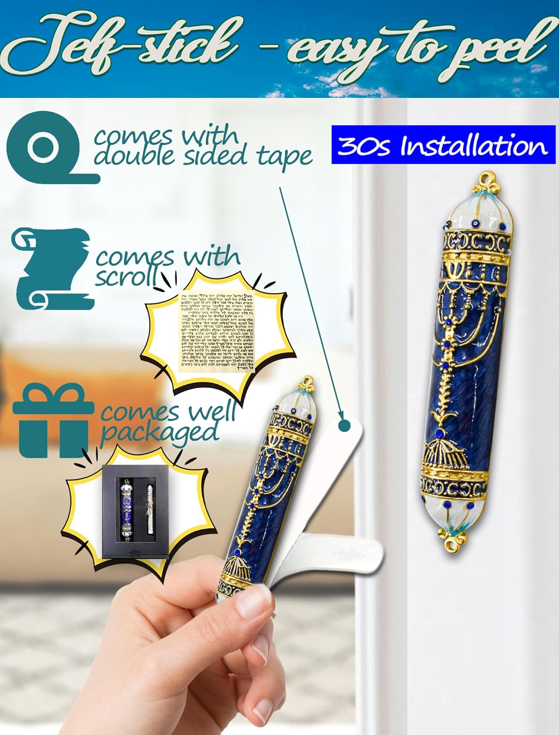 Exquisite Enamel Mezuzah with Scroll and Crystal Accents