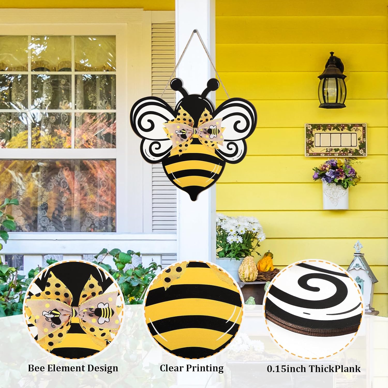 Bee Wooden Wreath Front Door Welcome Sign with Bow Ribbon