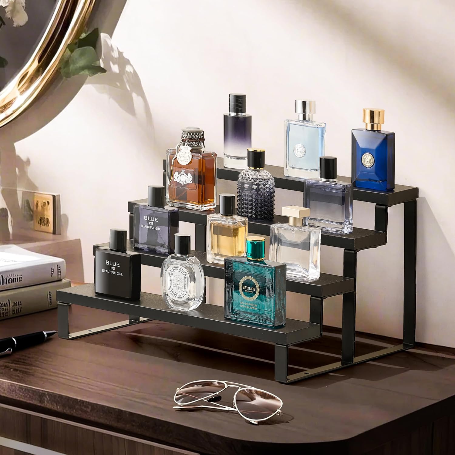 Wooden Display Riser Stand 4 Tier Cologne and Perfume Organizer Black