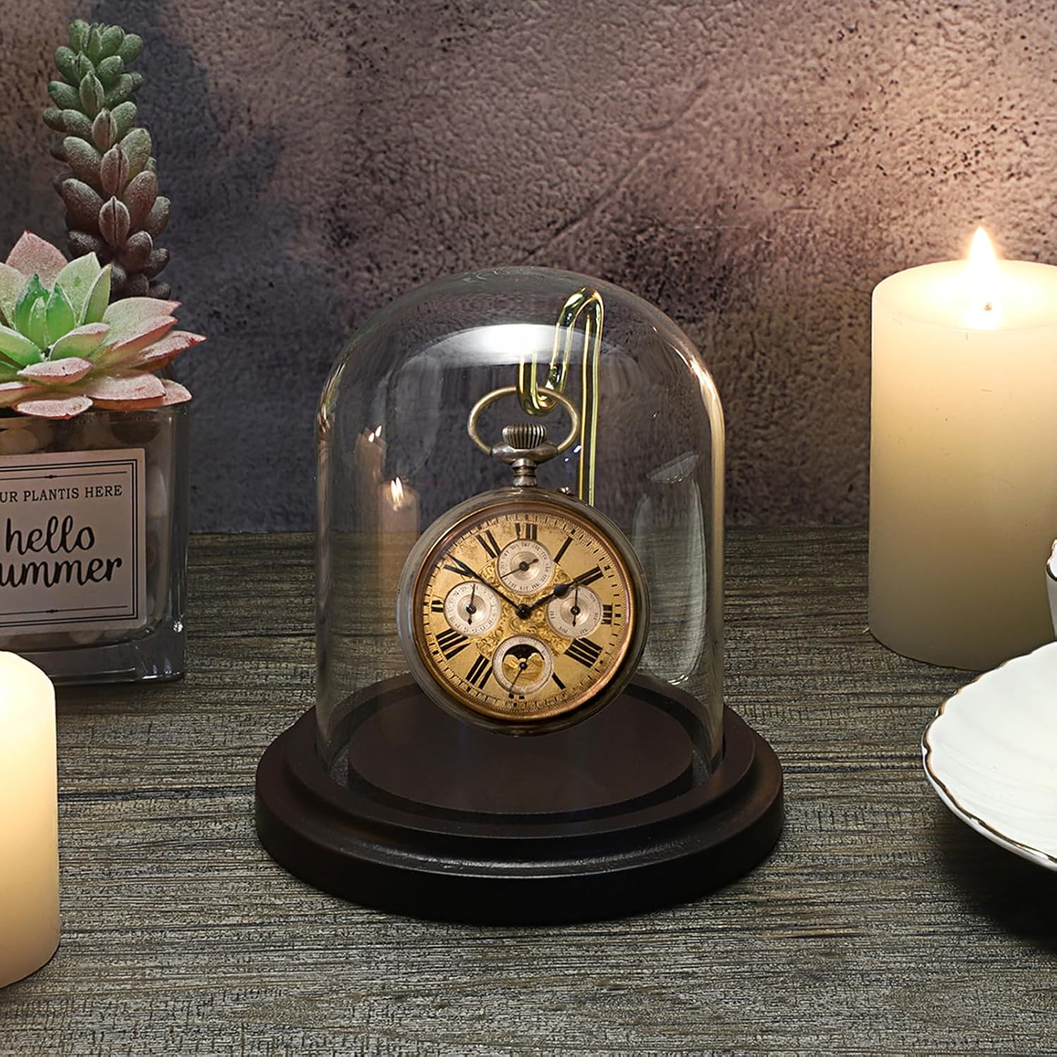 JUXYES Clear Watch Display Dome Cloche With Hook and Wooden Base