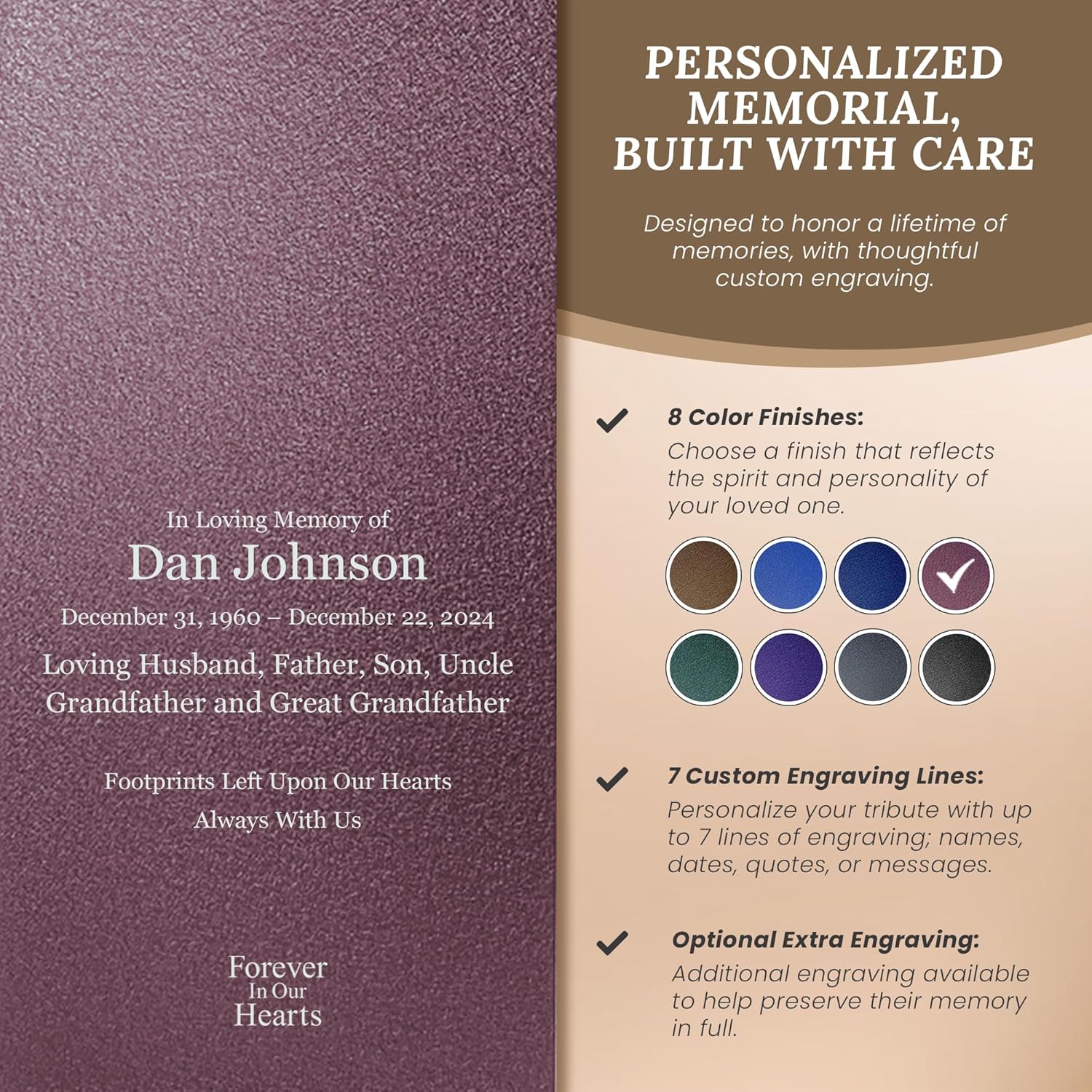 Amaranthine Urn Decorative Cremation Urn for Human Ashes - Customizable Metal Urn with Base Text and Color Made in USA