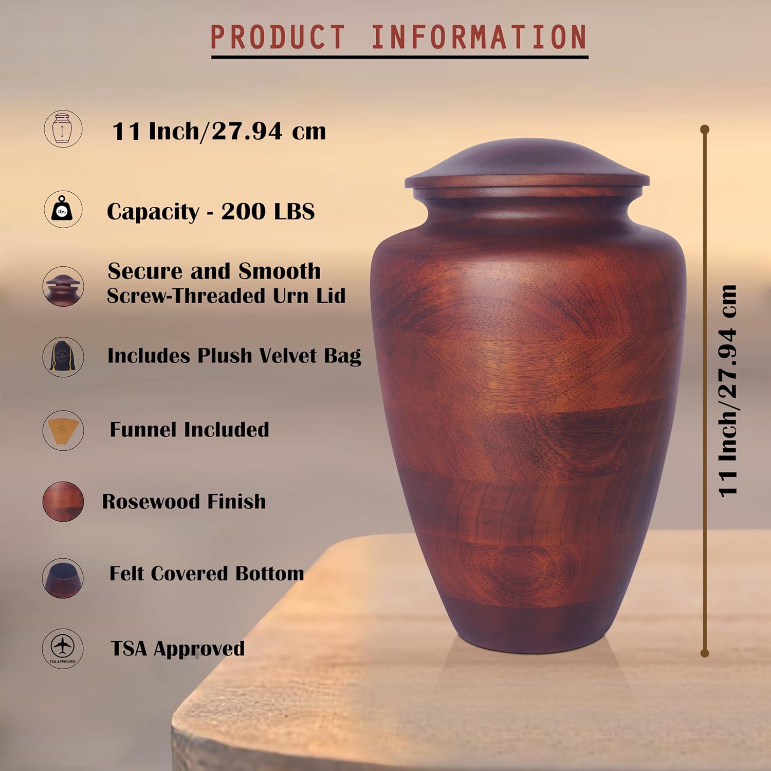 ZIYA Large Wooden Cremation Urn for Human Ashes - Rosewood Burial Urn with Velvet Bag
