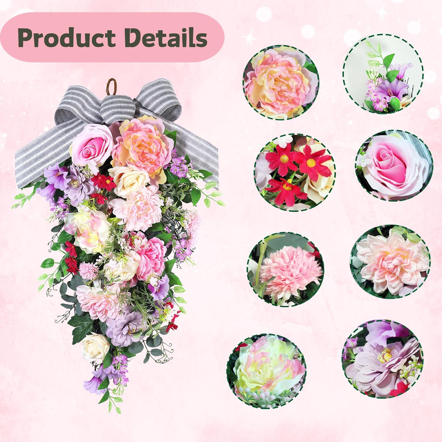 24-Inch Lighted Spring Peony Wreath for Front Door
