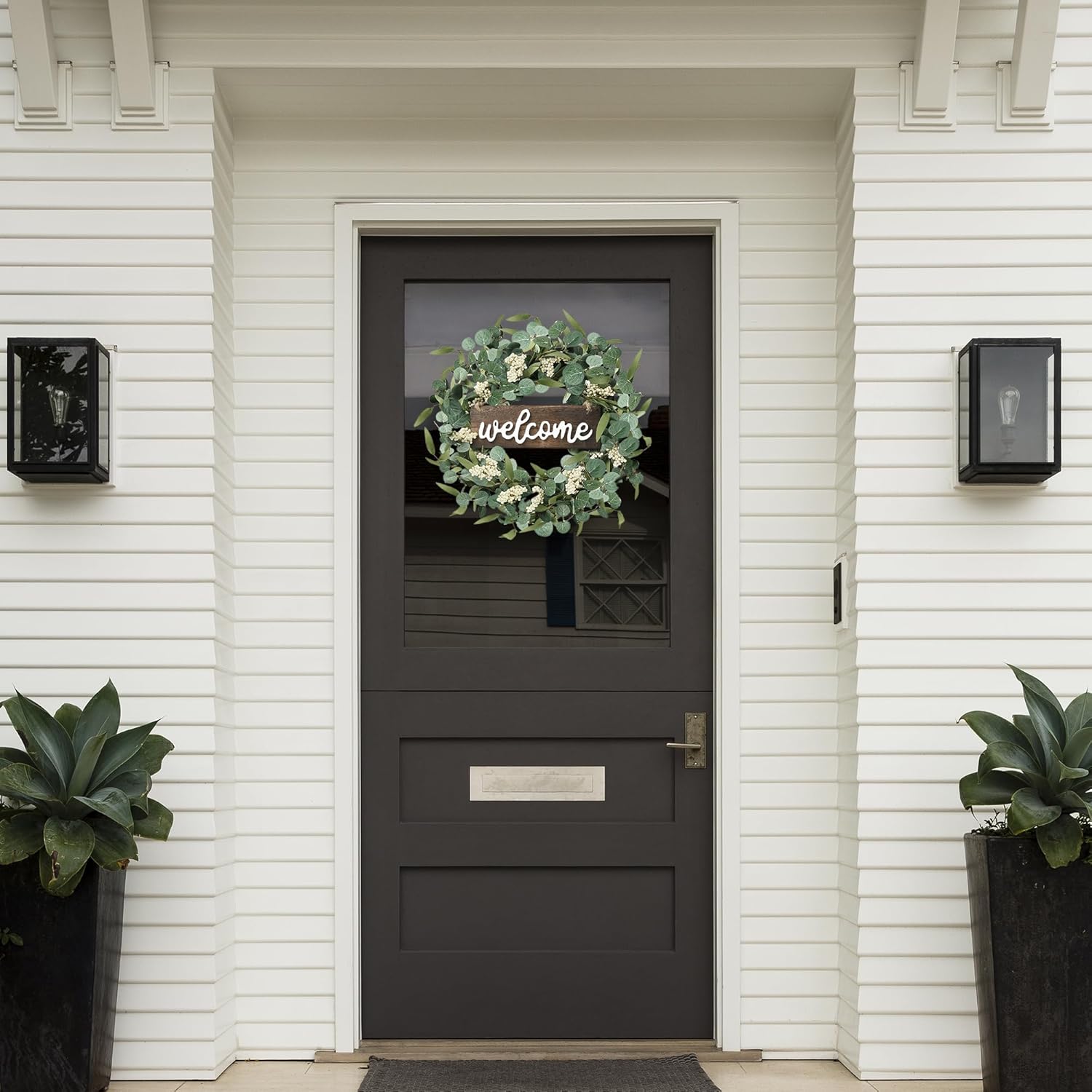 Sggvecsy Green Eucalyptus Wreath with Welcome Sign 20in Decor
