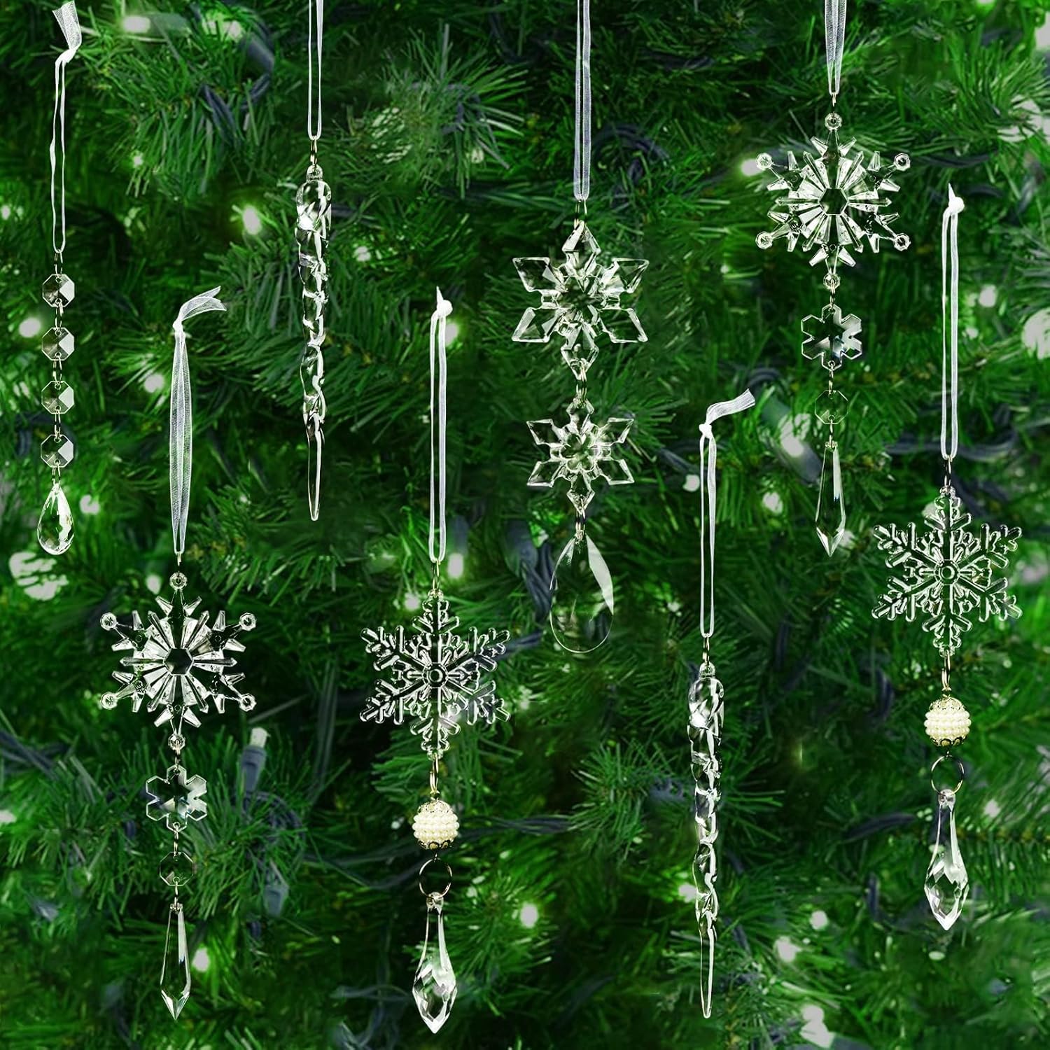 18pcs Crystal Christmas Tree Decorations with Snowflakes and Icicles