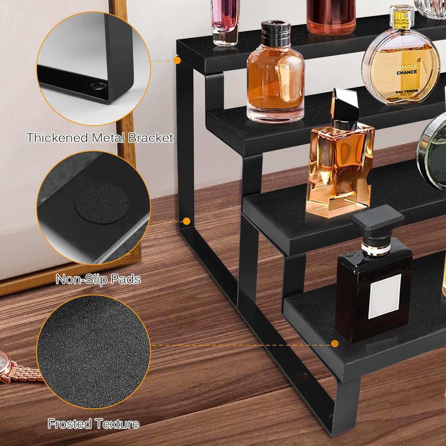 Wooden Display Riser Stand 4 Tier Cologne and Perfume Organizer Black