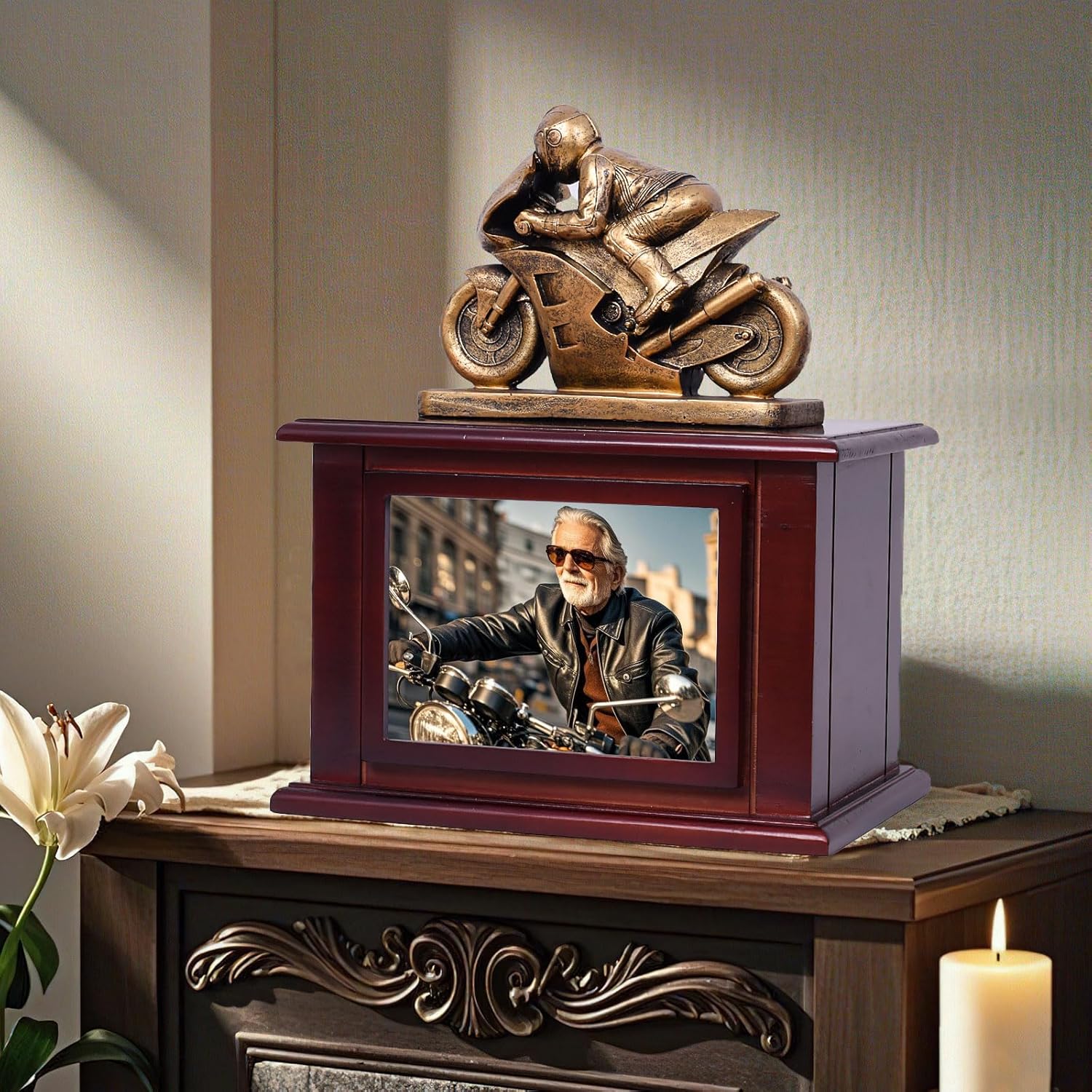 Wooden Motorcycle Urn for Ashes 290 Lbs Capacity