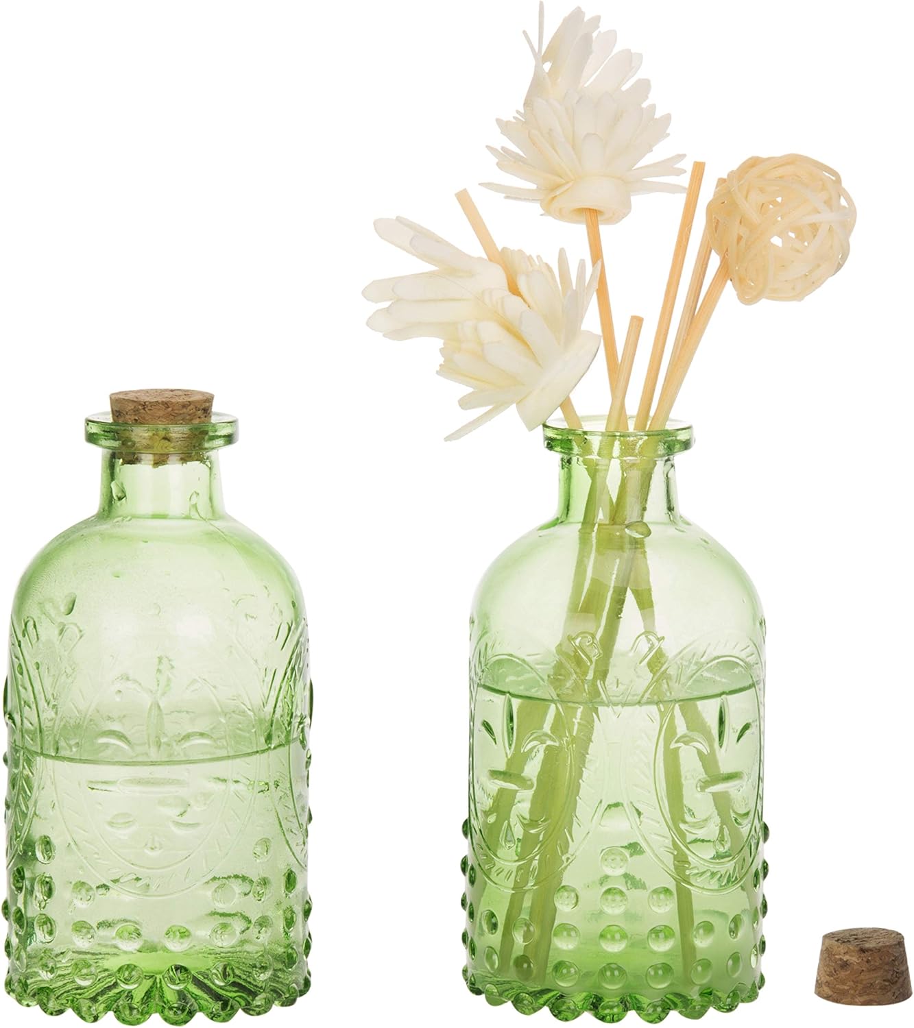 MyGift Vintage Embossed Green Glass Diffuser Bottle Set of 2