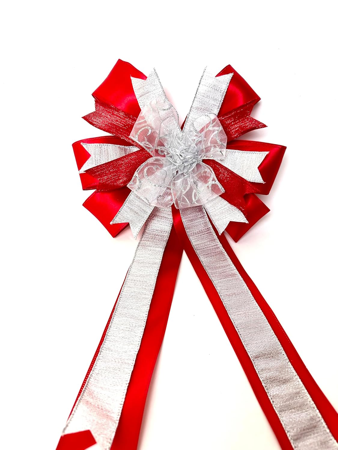 Red and Silver Wreath Bow for Christmas Tree