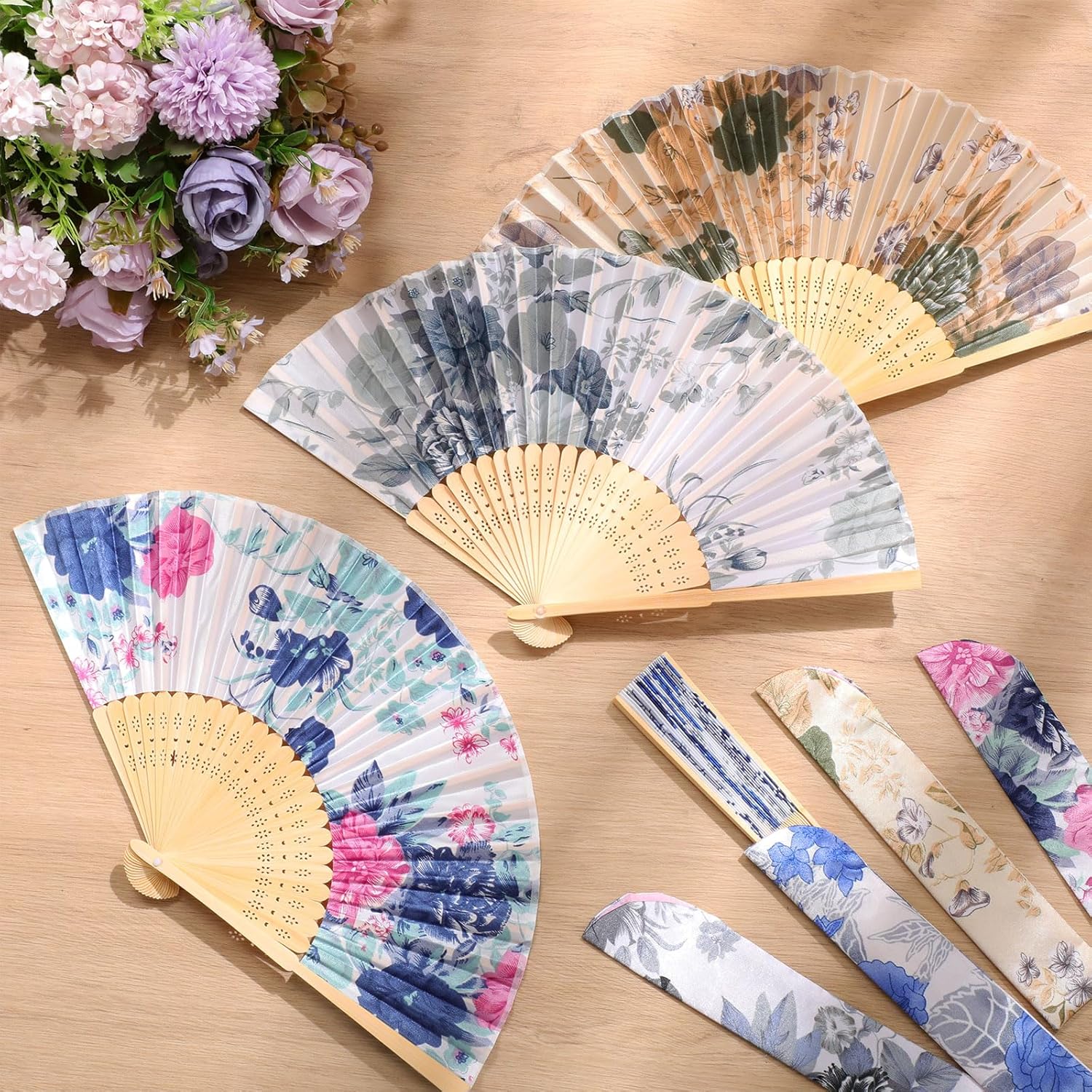Zonon 4 Pack Handheld Silk Bamboo Folding Fans with Tassel
