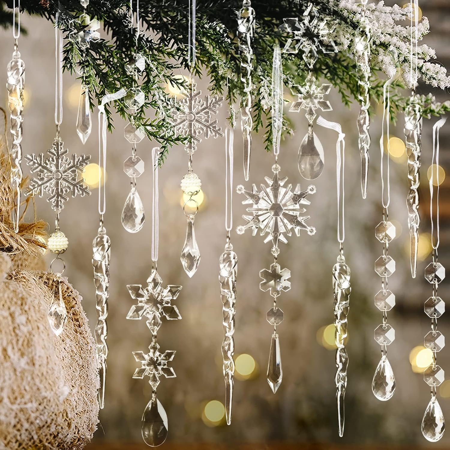 18pcs Crystal Christmas Tree Decorations with Snowflakes and Icicles