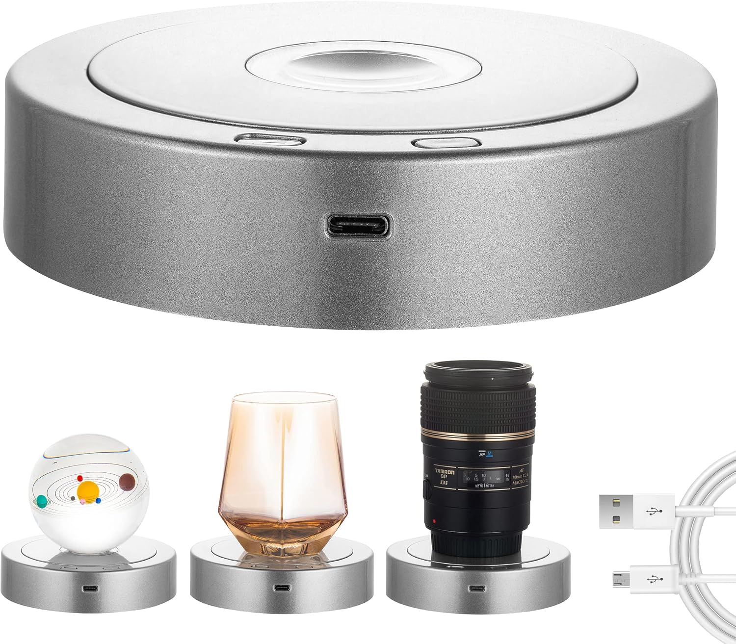 Rotating Display Stand with Colorful LED Lights - 4 Modes 8 Light Options - Electric Battery Operated - Silver