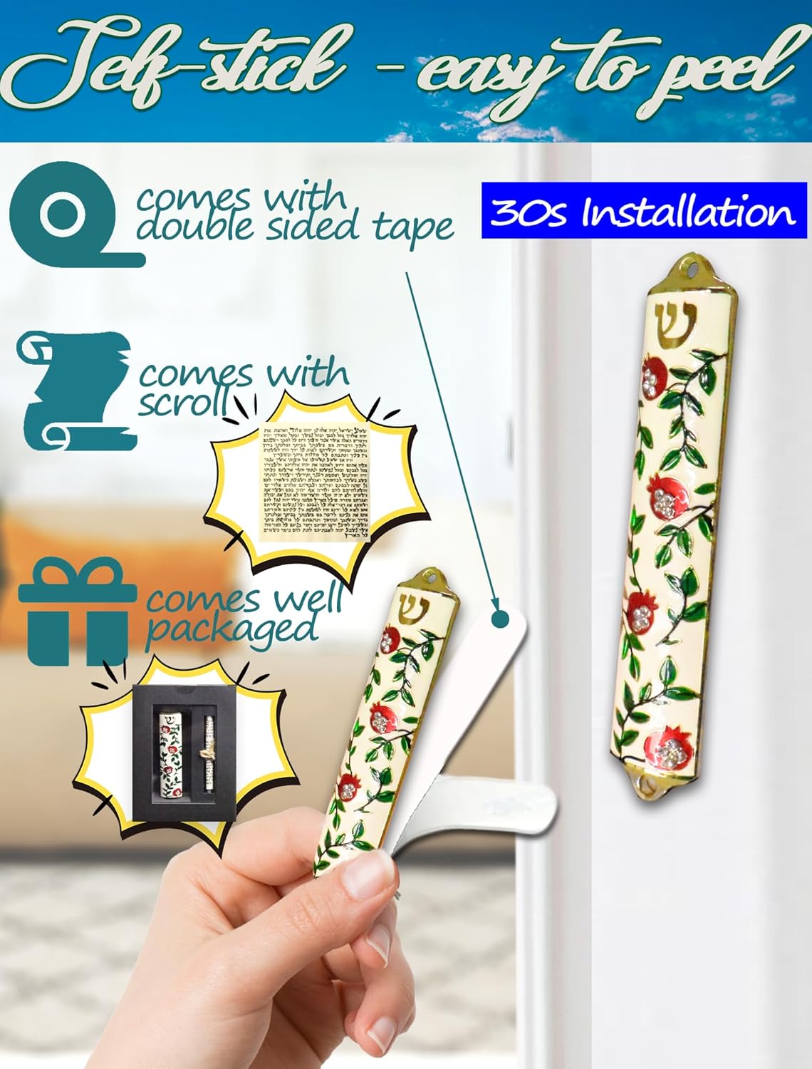 Exquisite Enamel Mezuzah with Pomegranate Scroll and Crystal Accent
