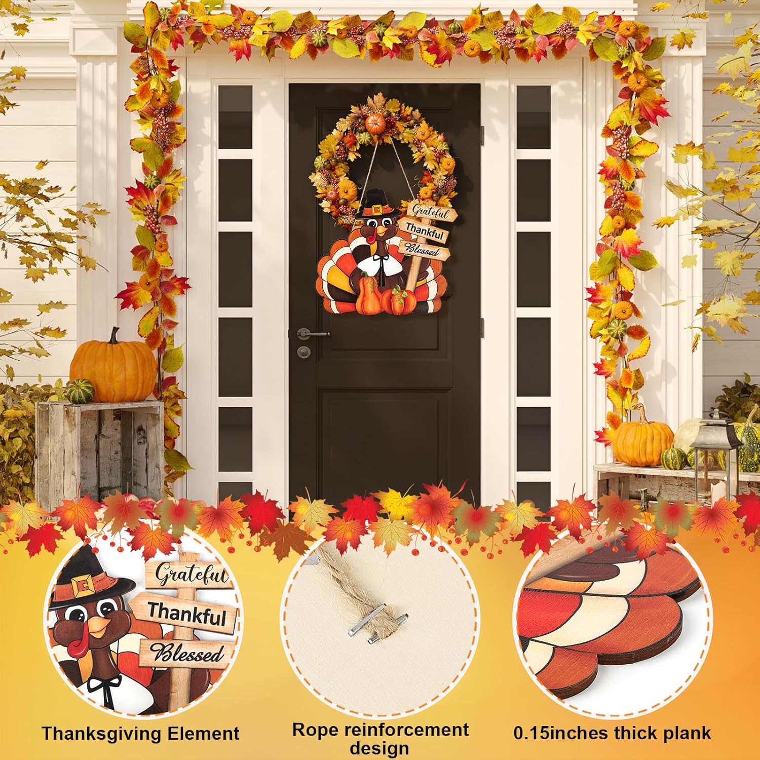 Thanksgiving Wooden Turkey Door Wreath Sign