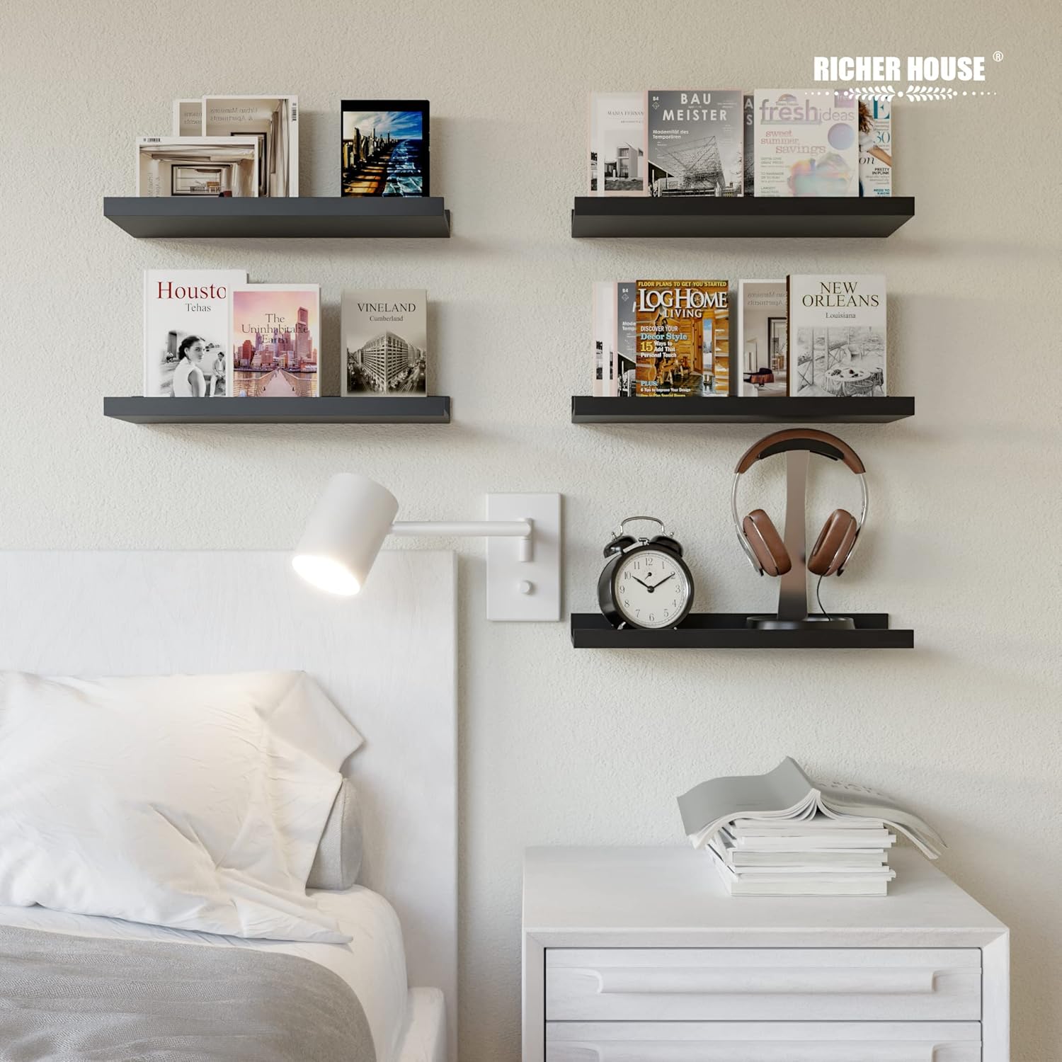RICHER HOUSE 5 Piece Floating Wall Shelves Black