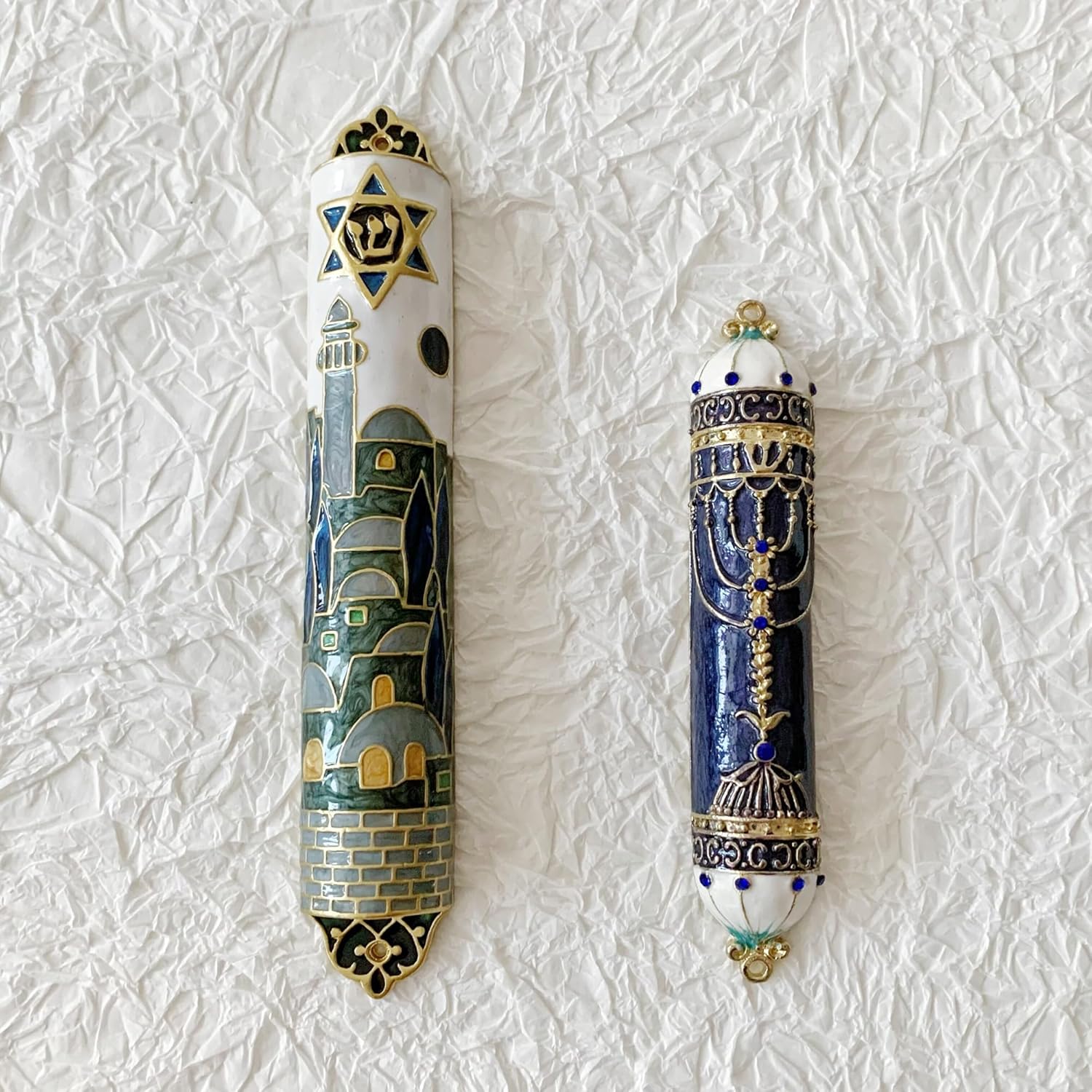 Hand Painted Mezuzah with Star of David and Jerusalem Motifs