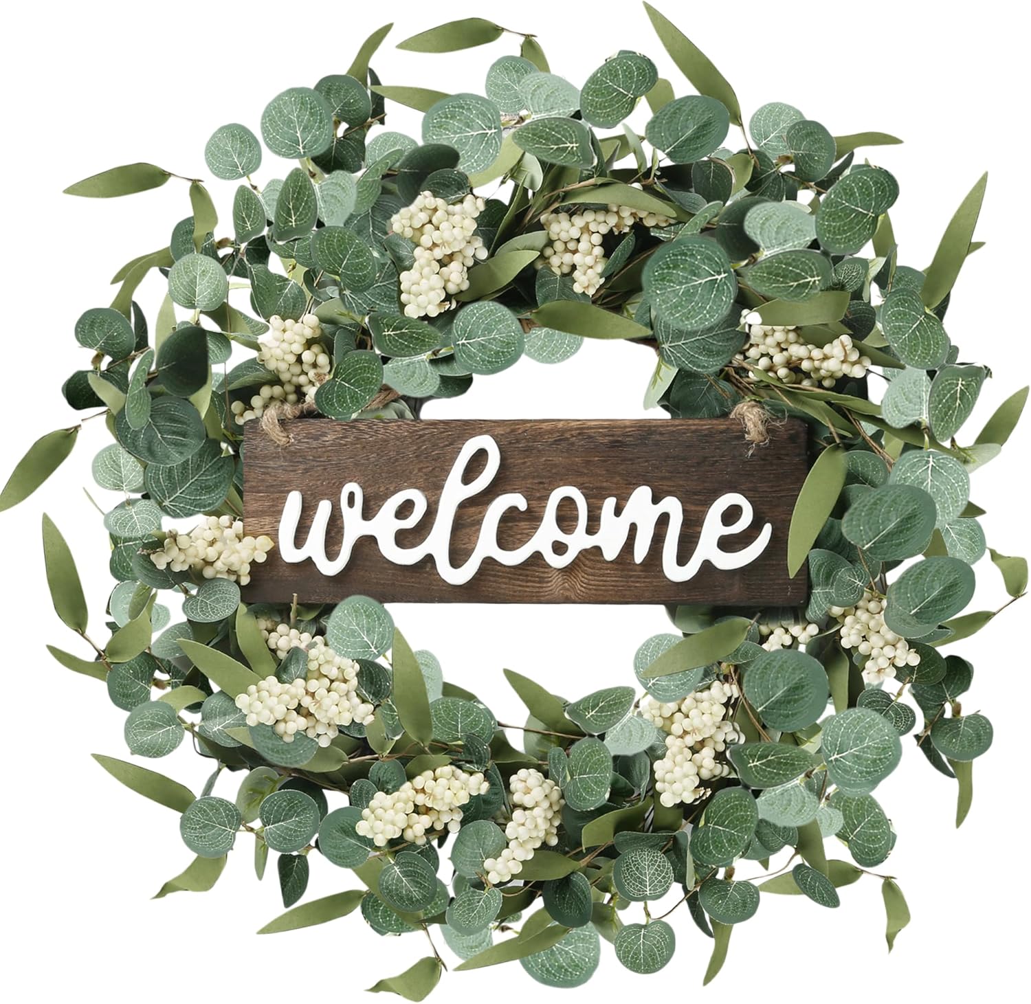 Sggvecsy Green Eucalyptus Wreath with Welcome Sign 20in Decor