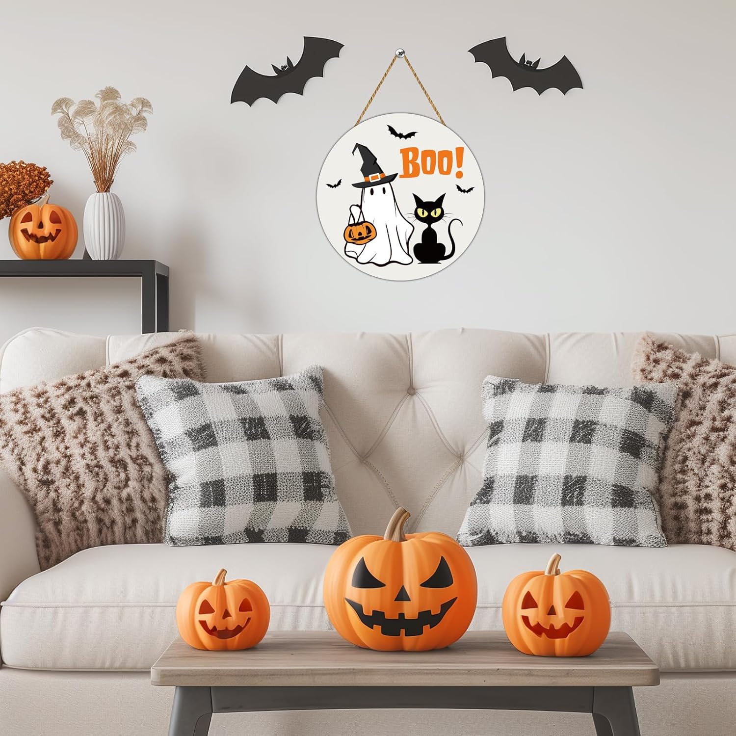 Halloween Door Wreath Cute Ghost Black Cat Front Door Decor